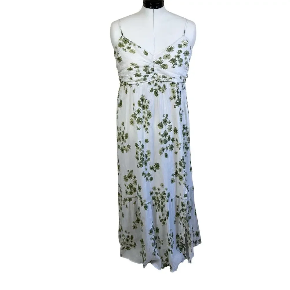 Abercrombie & Fitch Sz XL Babydoll Maxi Dress White Green Floral Crinkle